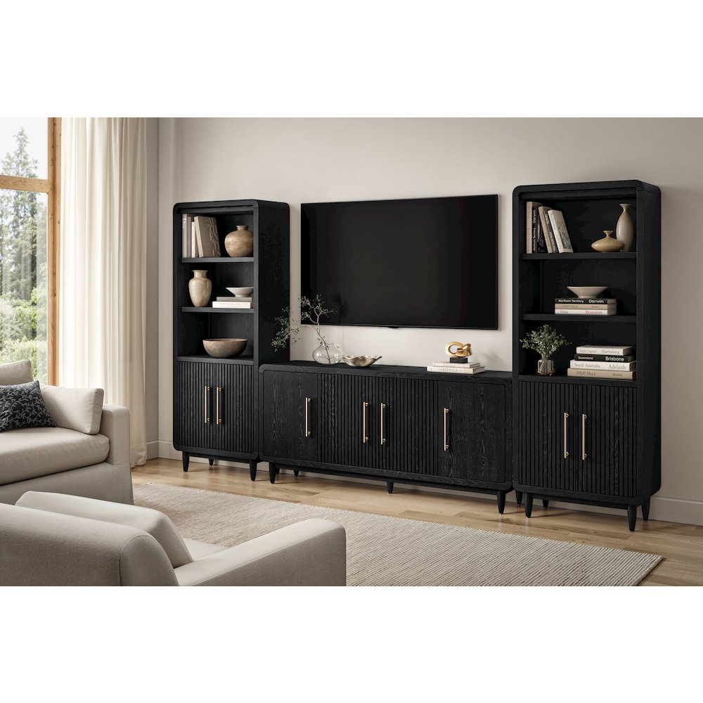 Modern 72" TV Console 2 Bookcases, 4-Door Ent. Stand, Cabinet, Asm, Black