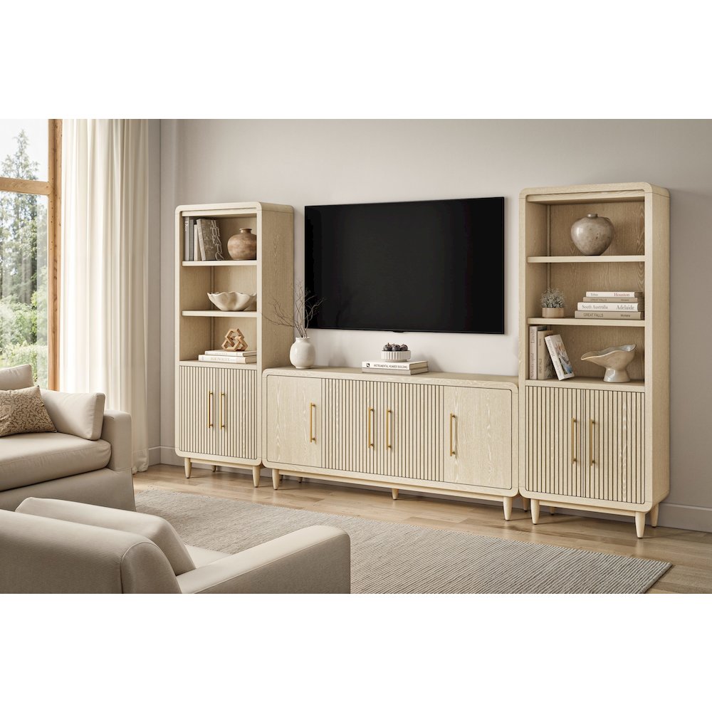 Modern 72" TV Console 2 Bookcases, 4-Door Ent. Stand, Cabinet, Asm, White
