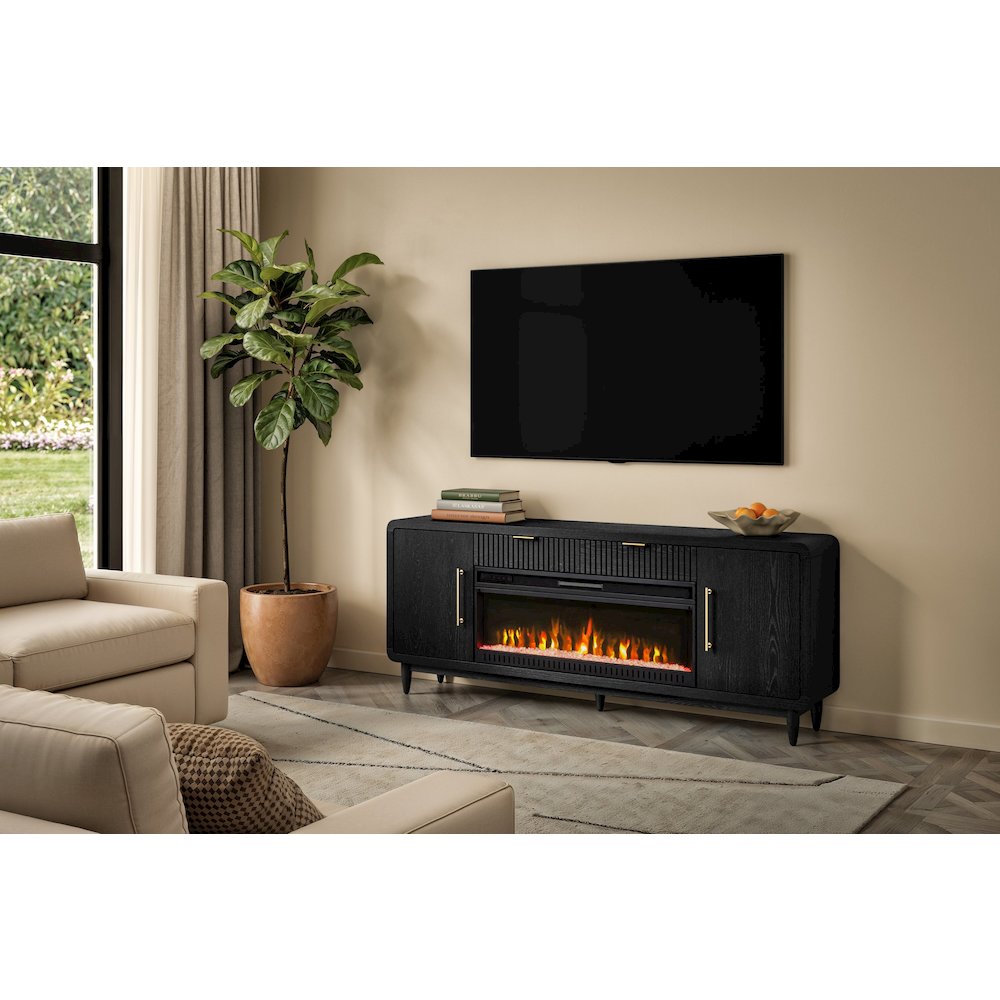 80" Modern Fireplace Console, Entertainment Storage, TV Stand, Assembled, Black