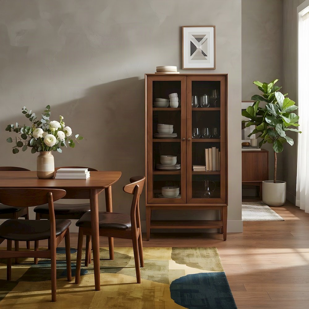 Mid-Century Modern Wood Bookcase with Cabinet Doors and Shelves, Brown