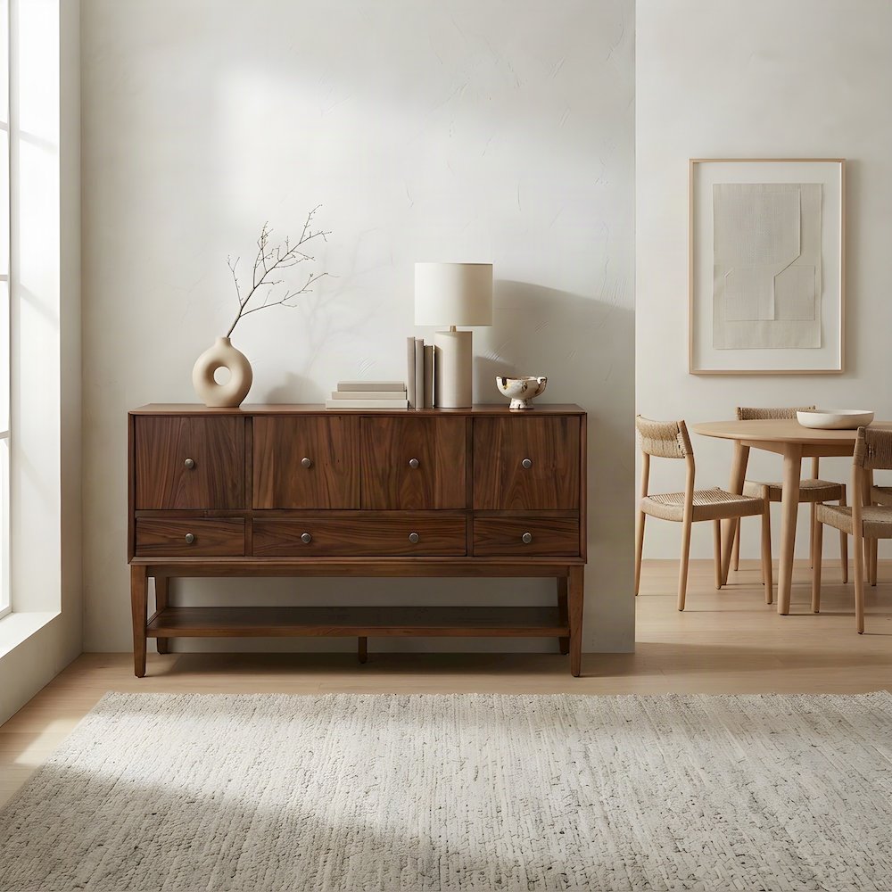 Wooden Buffet Cabinet with Storage, Mid-Century Modern Sideboard, Brown