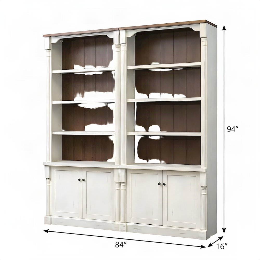 Rustic Wood Tall Bookcase with Doors and Adjustable, Weathered white finish