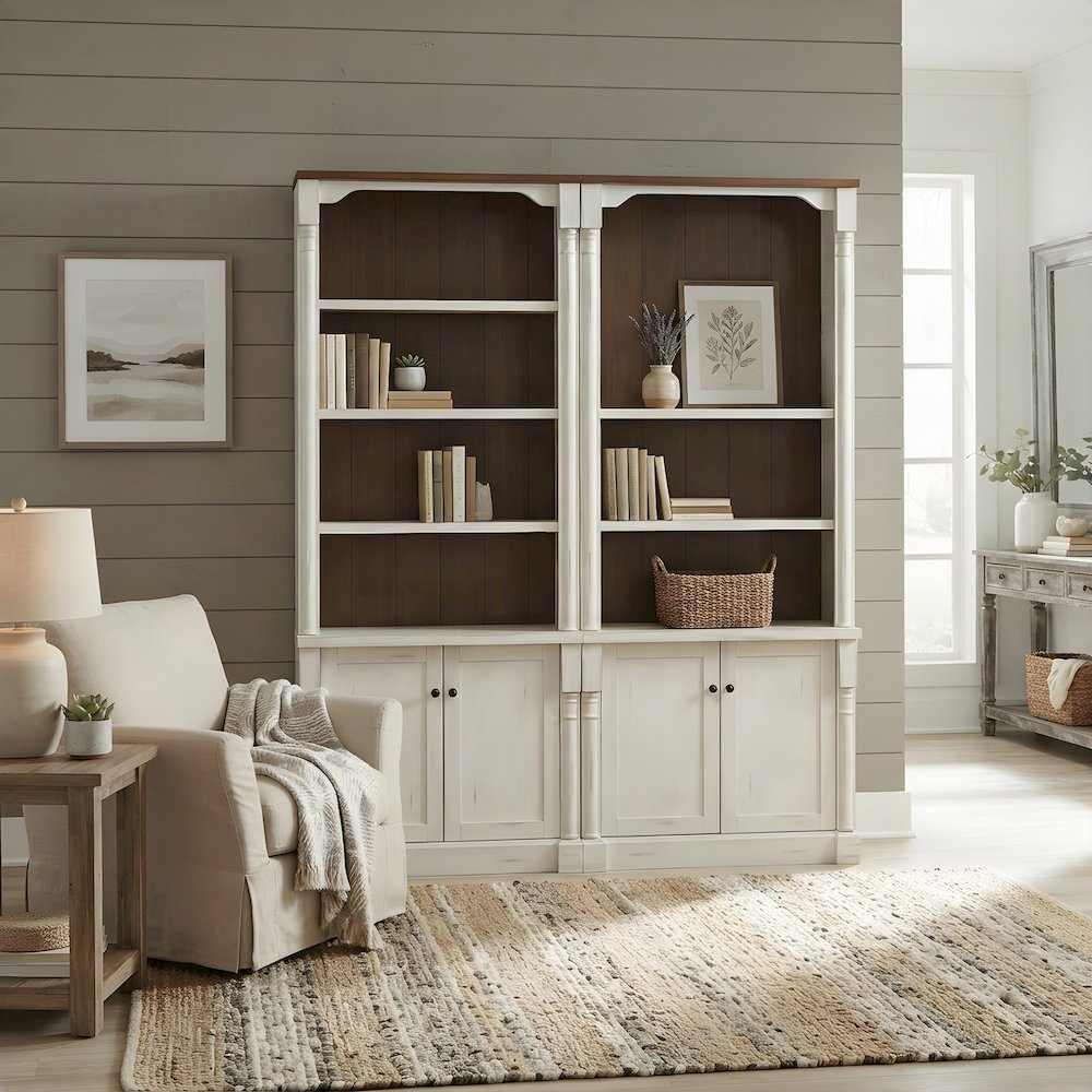 Rustic Wood Tall Bookcase with Doors and Adjustable, Weathered white finish