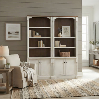 Rustic Wood Tall Bookcase with Doors and Adjustable, Weathered white finish