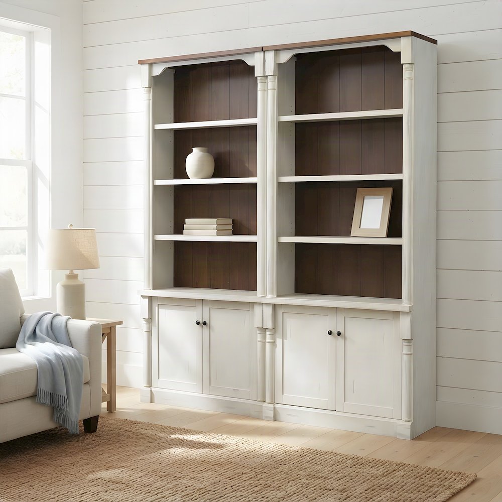 Rustic Wood Tall Bookcase with Doors and Adjustable, Weathered white finish
