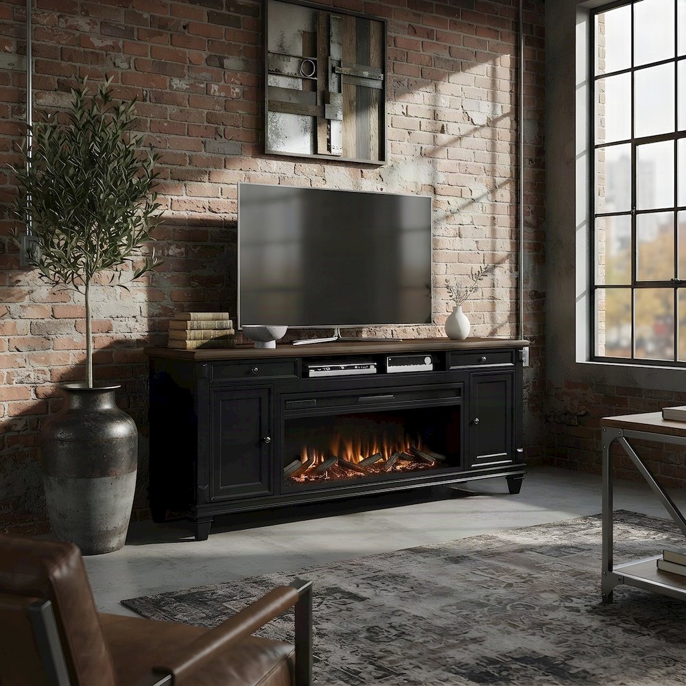 Hartford Wood Fireplace TV Stand, Fully Assembled Media Console, Black