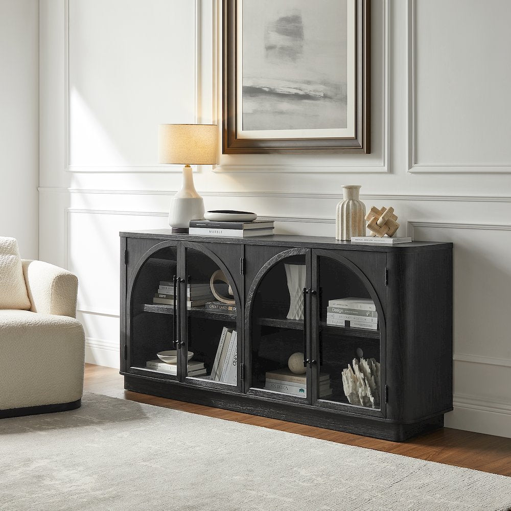 Wood 70" Console with glass doors, TV Stand, Accent Cabinet, Black