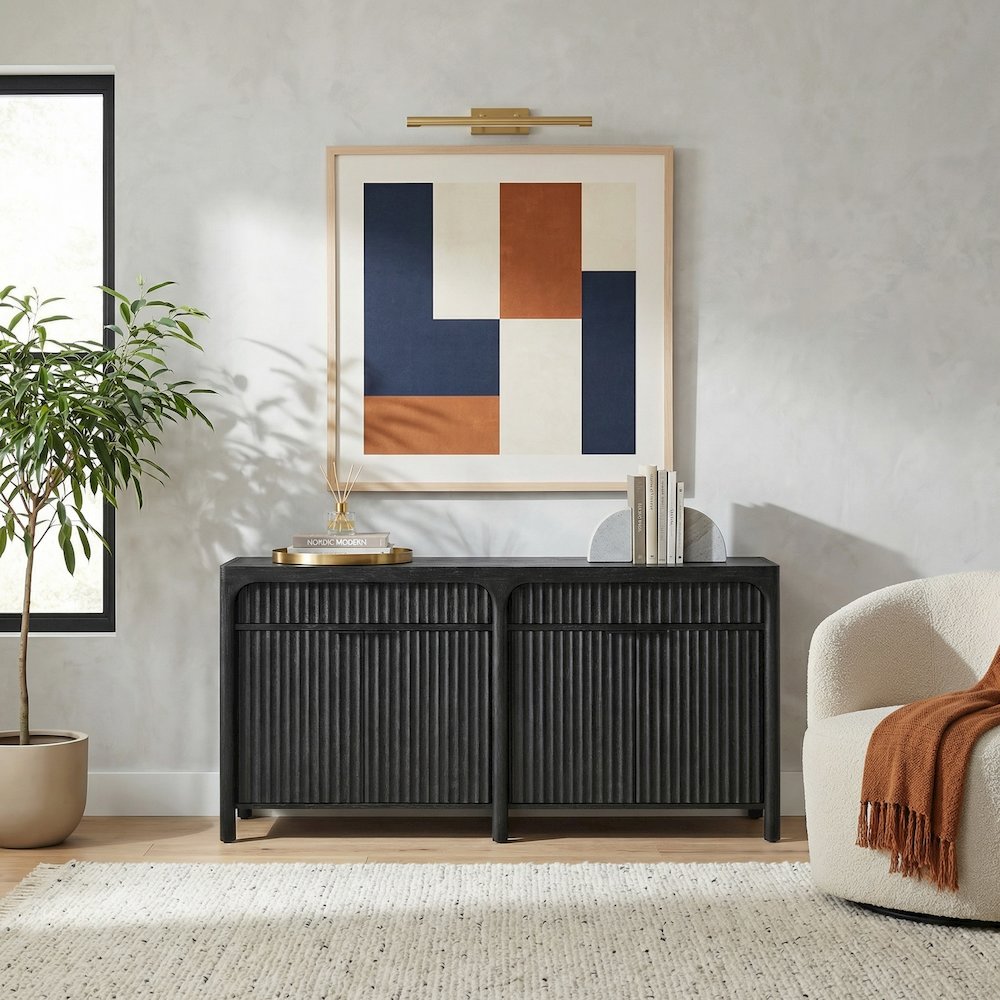 70" TV Console, Entertainment Stand, Wood Accent Cabinet, Assembled, Ebony Black