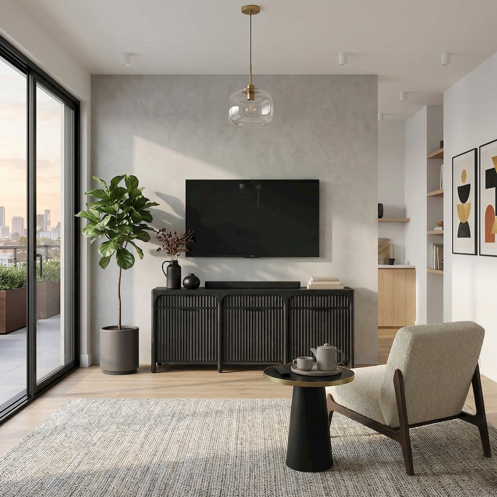 80" TV Console, Entertainment Stand, Wood Accent Cabinet, Assembled, Ebony Black