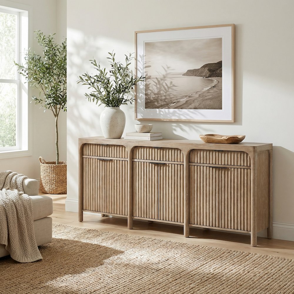80" TV Console, Entertainment Stand, Wood Accent Cabinet, Asm, Natural Sand