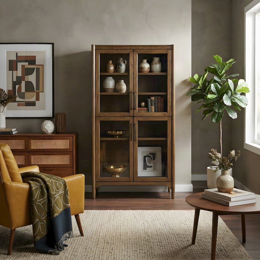 Wood Display Cabinet with Glass Doors, Fully Assembled Bookcase, Brown