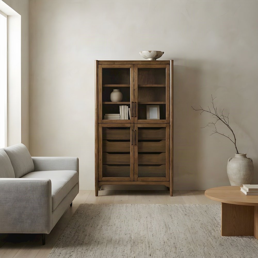 Wood Display Cabinet with Glass Doors, Fully Assembled Bookcase, Brown