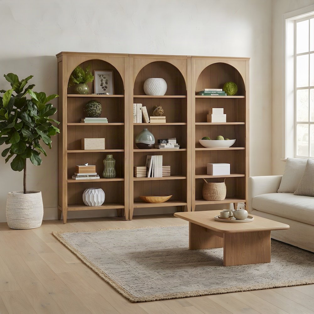 Modern Wooden Tall Open Bookcase with Adjustable Display Shelves, Light Brown