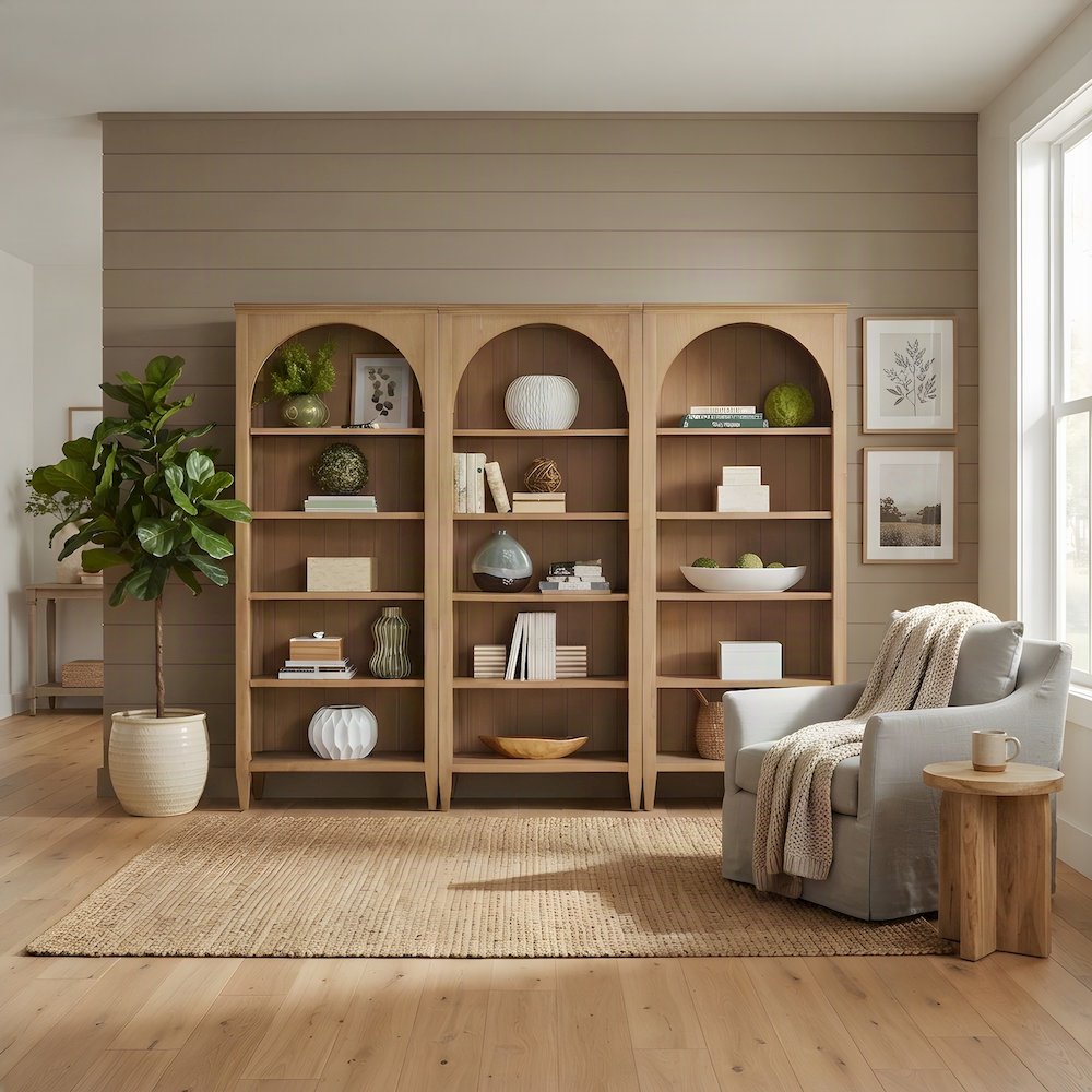 Modern Wooden Tall Open Bookcase with Adjustable Display Shelves, Light Brown