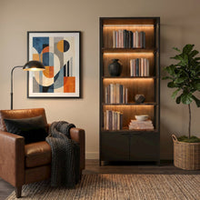 Modern Open Bookcase Lower Doors & Lights, Office Storage Unit, Asm, Black