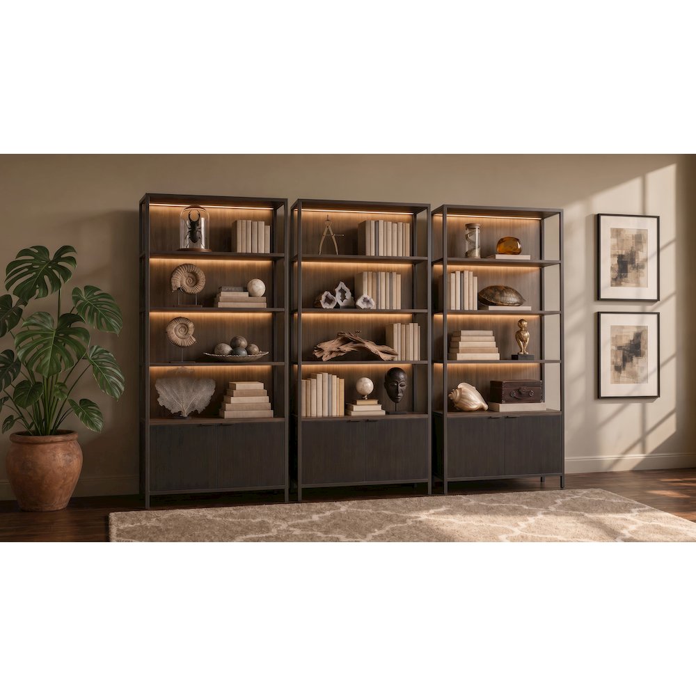 Modern Open Bookcase Wall Lower Doors & Lights, Office Storage, Asm, Black
