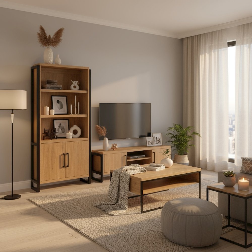 Wood Laminate Bookcase with Doors, 3 Adjustable Shelves, Fixed Shelf
