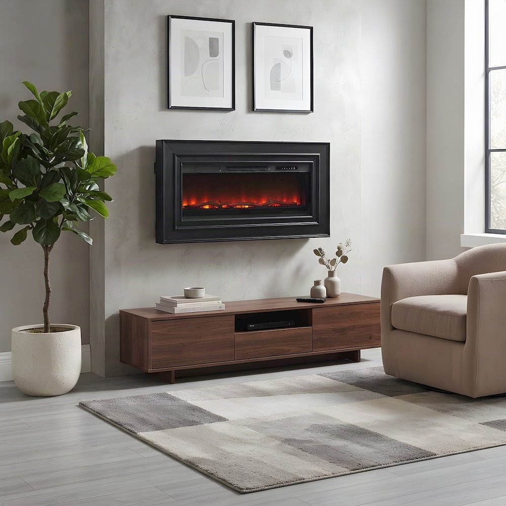 Wooden Wall Mounted Electric Fireplace TV Stand and Mantel Console, Black
