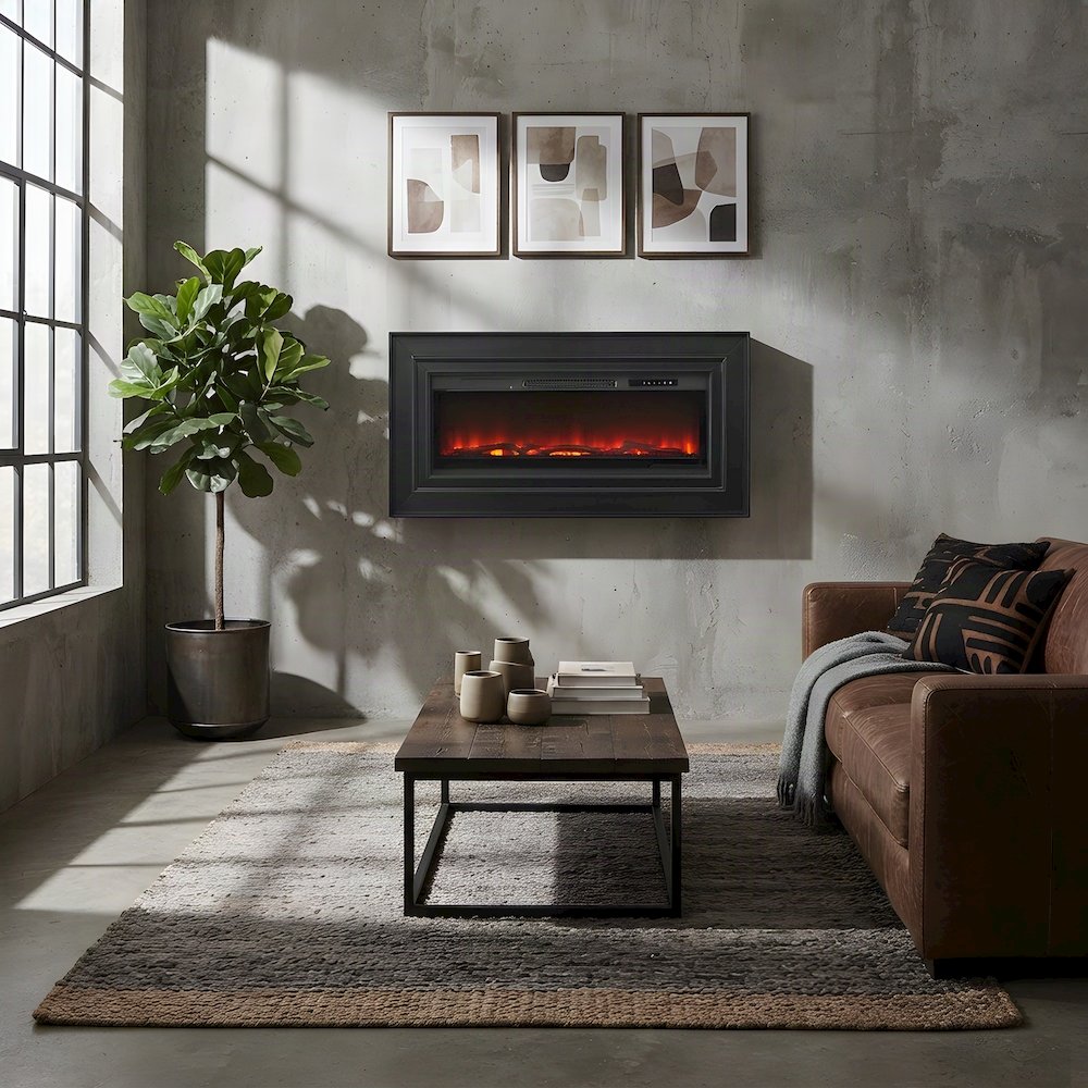 Wooden Wall Mounted Electric Fireplace TV Stand and Mantel Console, Black