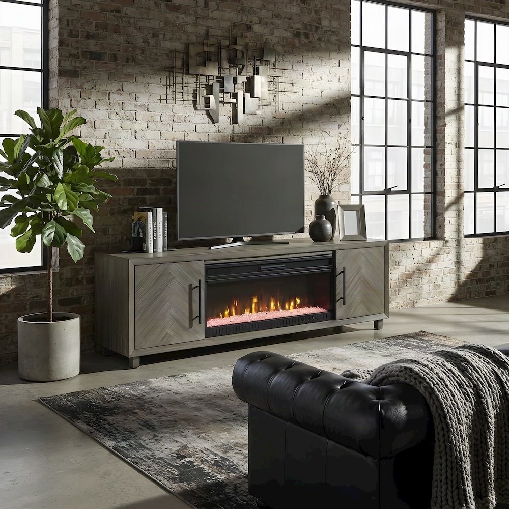 Wooden Fireplace TV Stand with Electric Entertainment Console, Gray, 80 Inch