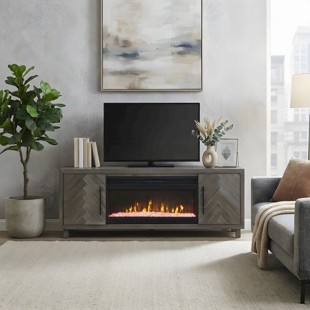 Wooden Fireplace TV Stand with Electric Entertainment Console, Gray, 80 Inch