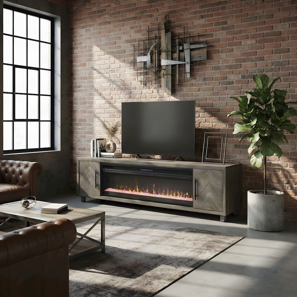 Wooden Fireplace TV Stand with Electric Entertainment Console, Gray, 96 Inch