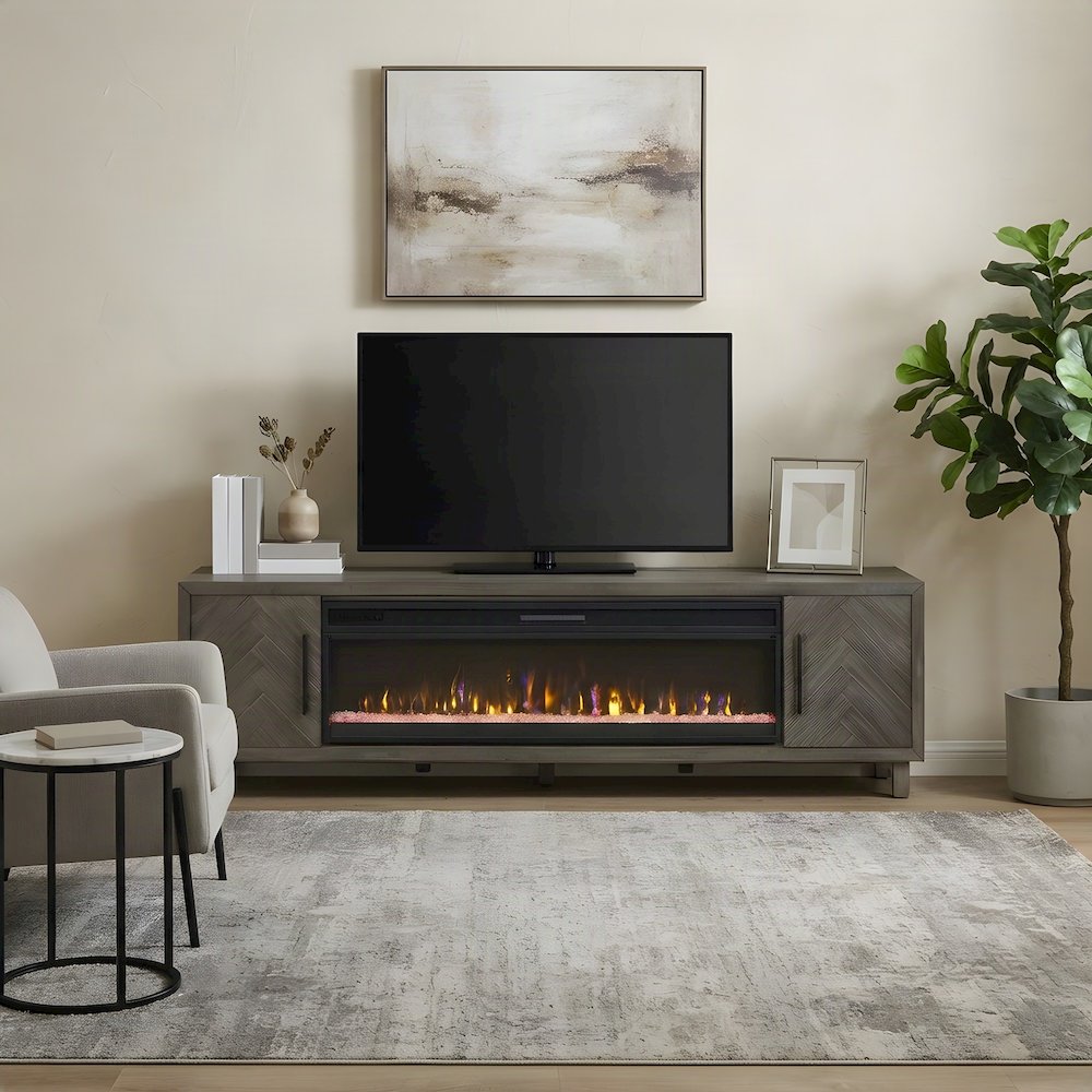 Wooden Fireplace TV Stand with Electric Entertainment Console, Gray, 96 Inch