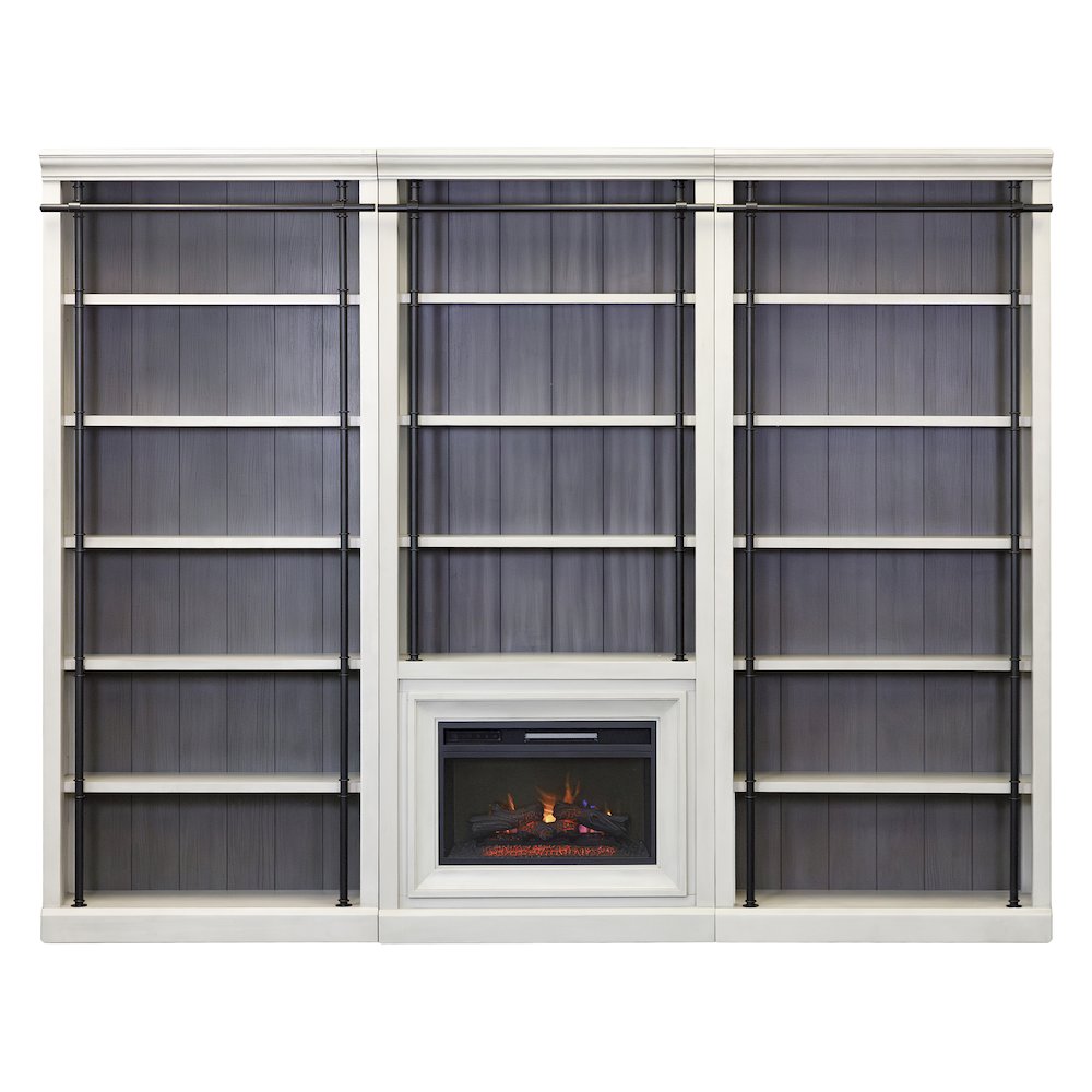 Toulouse Three 8' Tall Bookcase Wall With Fireplace and Ladder, Storage