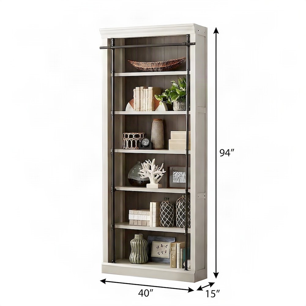 Fully Assembled Tall Wood Bookcase with Open Storage Shelves, Aged Chateau White