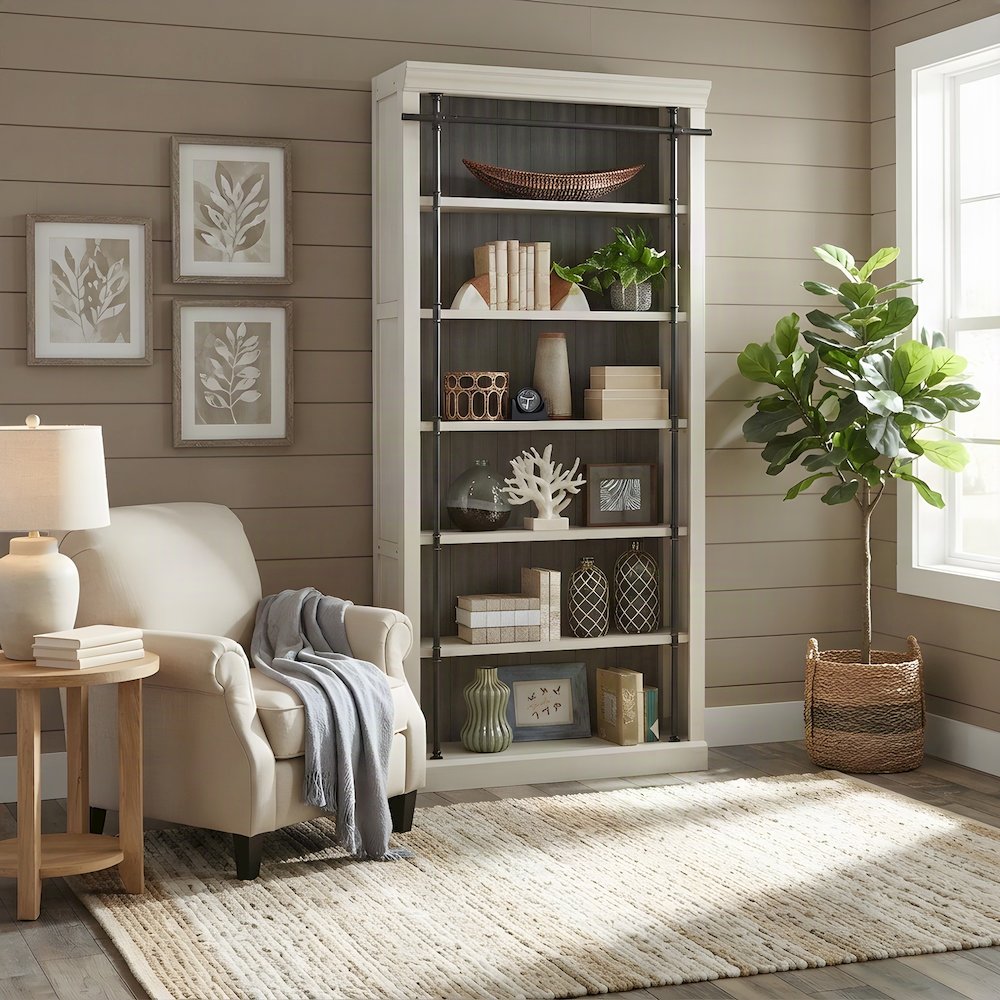 Fully Assembled Tall Wood Bookcase with Open Storage Shelves, Aged Chateau White