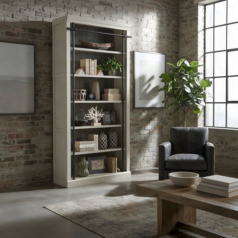 Fully Assembled Tall Wood Bookcase with Open Storage Shelves, Aged Chateau White