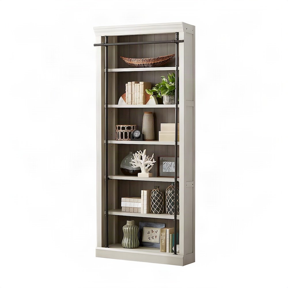 Fully Assembled Tall Wood Bookcase with Open Storage Shelves, Aged Chateau White
