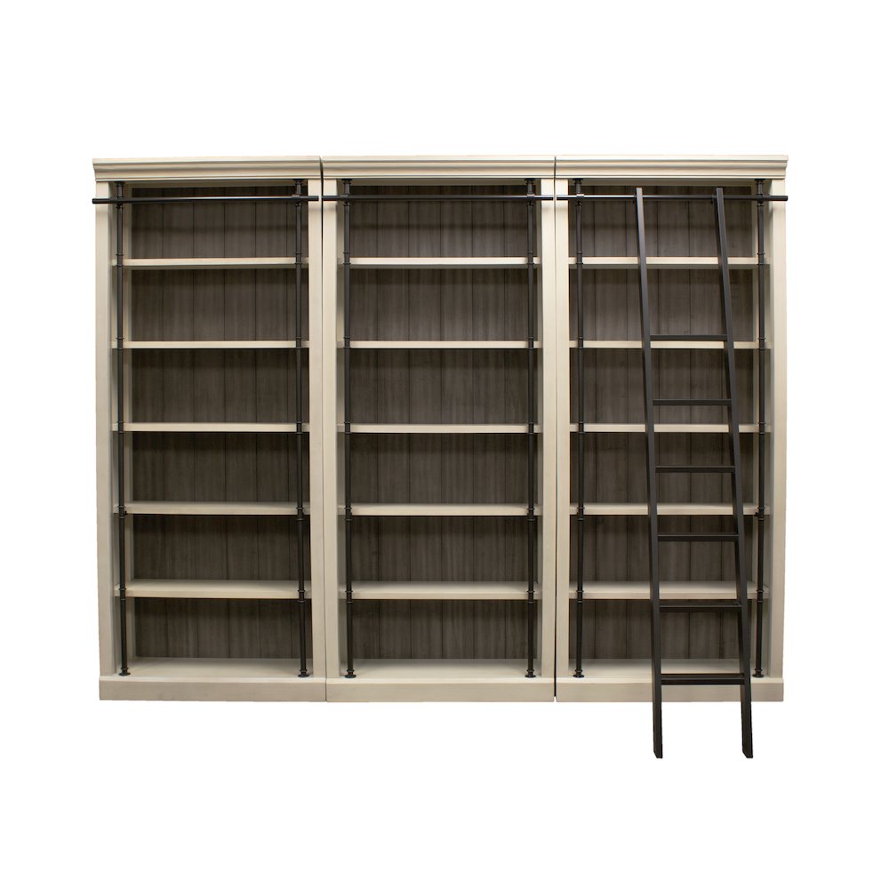 8' Tall Bookcase Wall With Ladder, Storage Organizer, Aged Chateau White