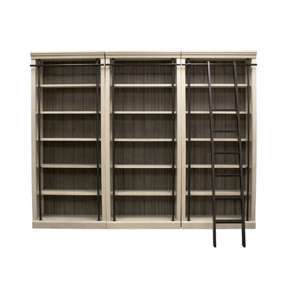 8' Tall Bookcase Wall With Ladder, Storage Organizer, Aged Chateau White