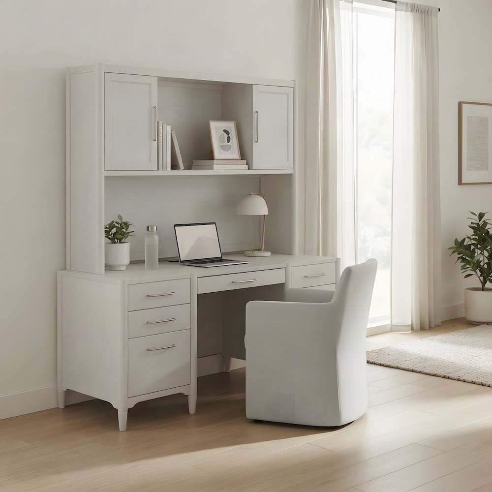 Wood Computer Writing Desk with Hutch, Cabinet and Open Shelves, White