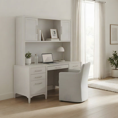 Wood Computer Writing Desk with Hutch, Cabinet and Open Shelves, White