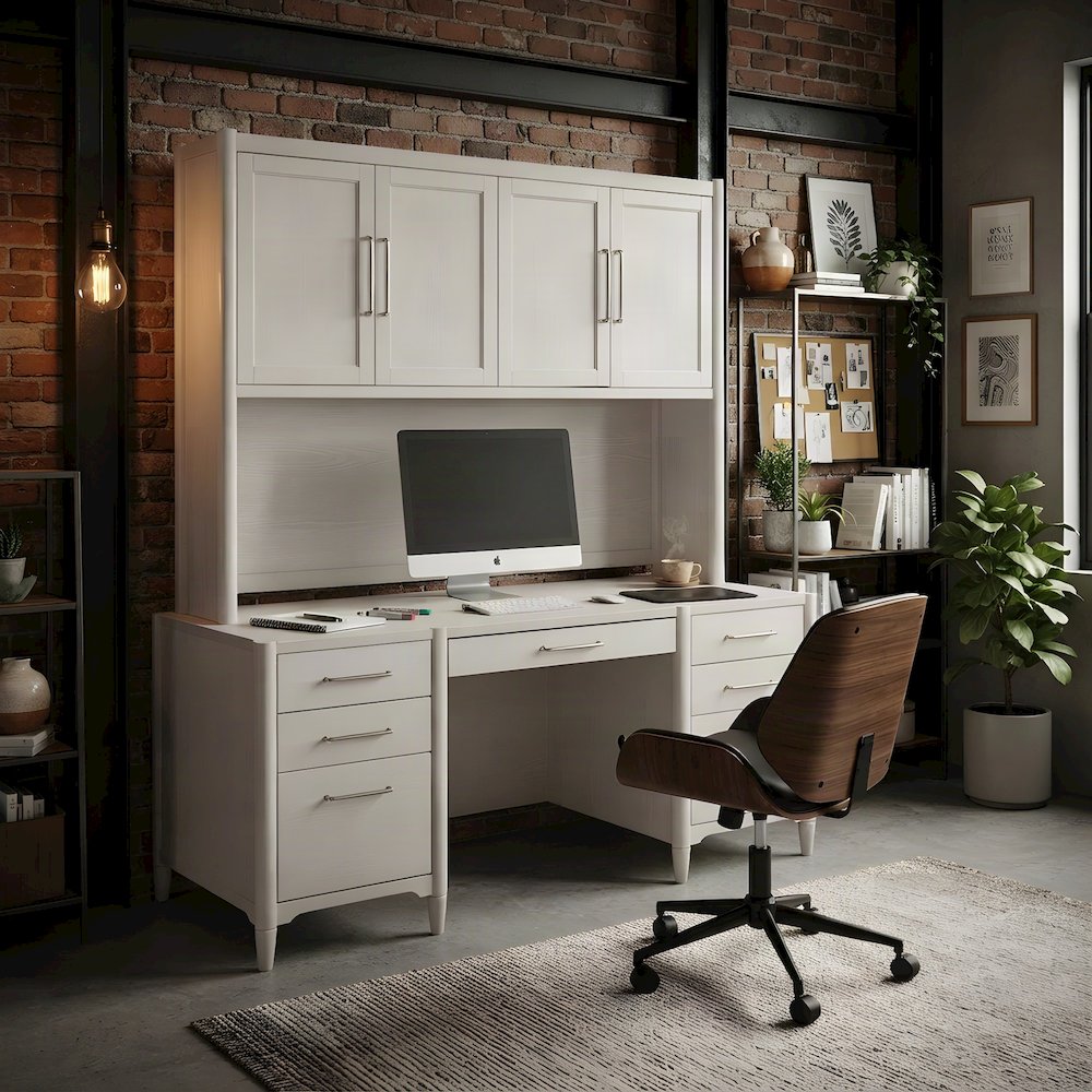 Wood Computer Writing Desk with Hutch, Cabinet and Open Shelves, White