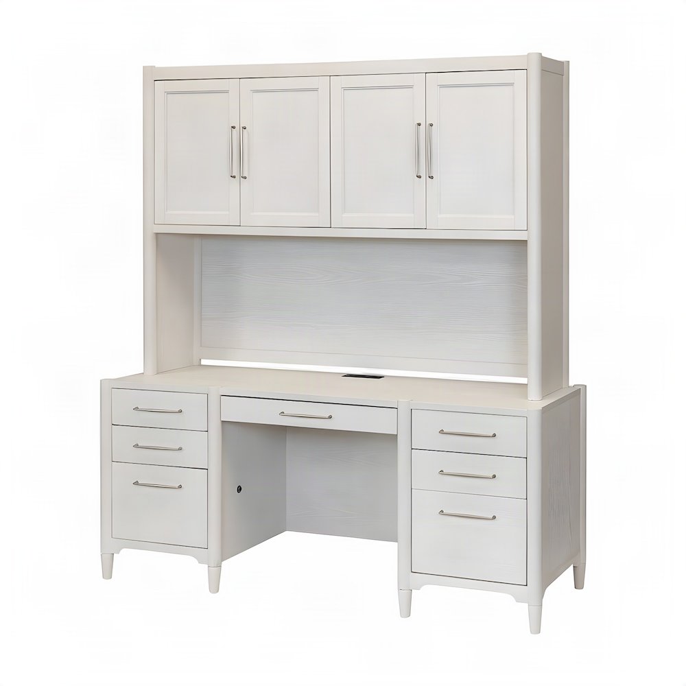 Wood Computer Writing Desk with Hutch, Cabinet and Open Shelves, White