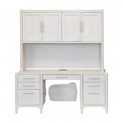 Wood Computer Writing Desk with Hutch, Cabinet and Open Shelves, White