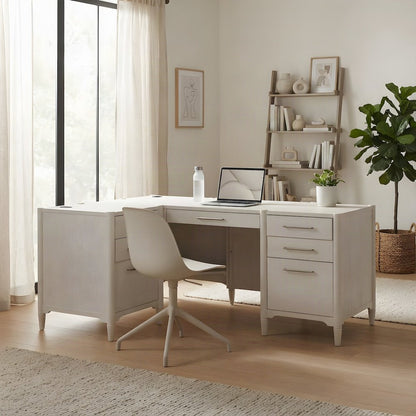 Wood Executive L-Shaped Corner Desk with Drawers and File Storage, White