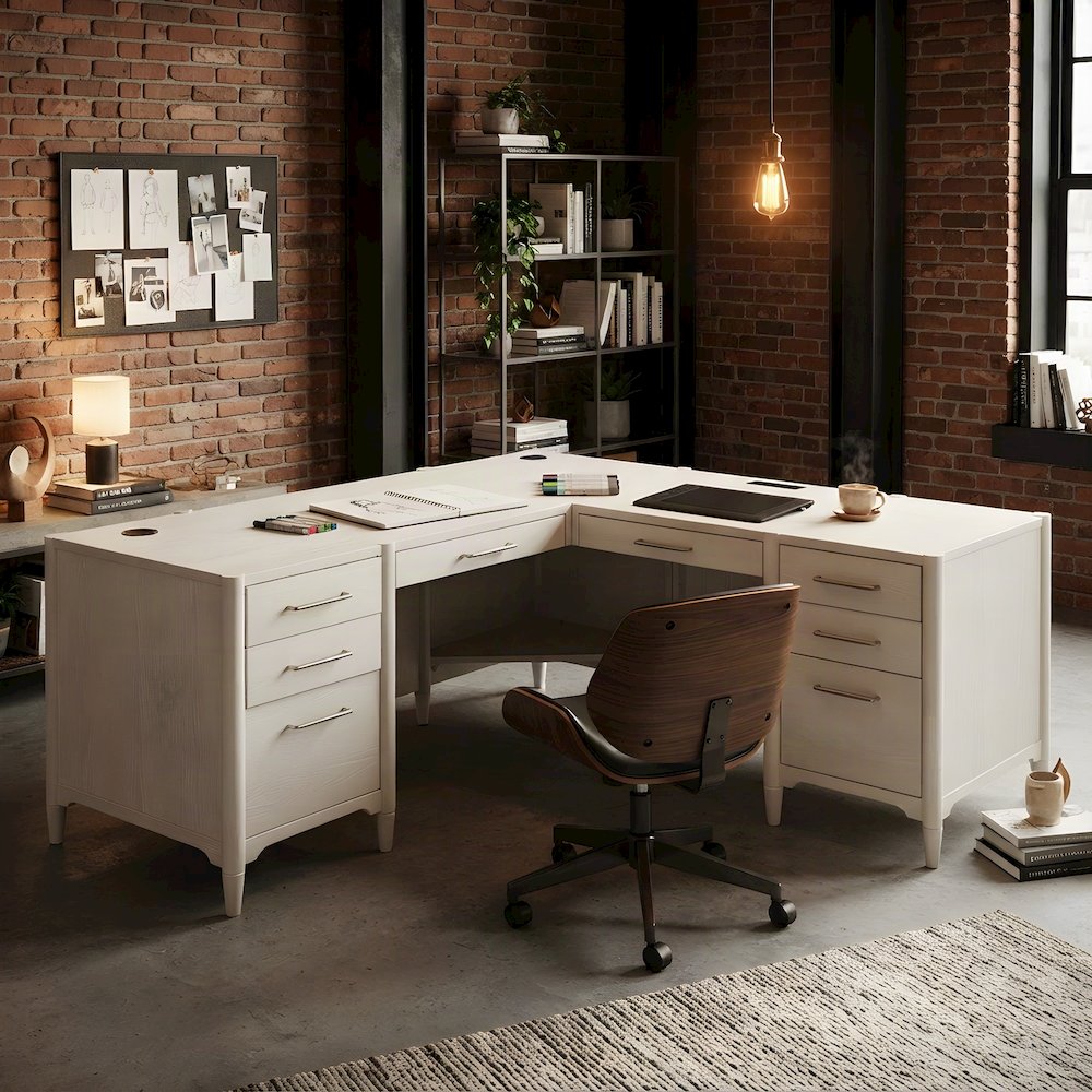 Wood Executive L-Shaped Corner Desk with Drawers and File Storage, White