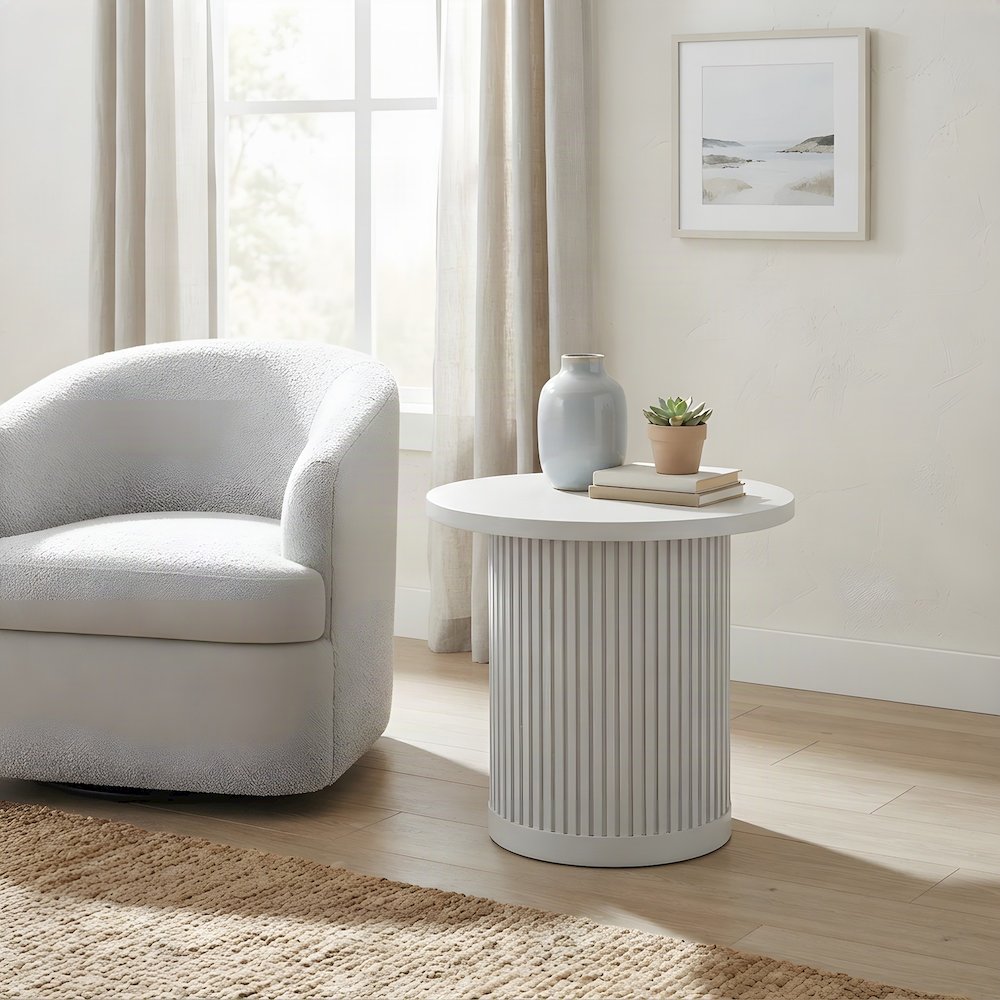 Wood Round Pedestal Side and End Table, Fully Assembled Tall Accent, White