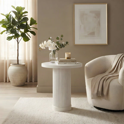 Wood Round Pedestal Side and End Table, Fully Assembled Tall Accent, White