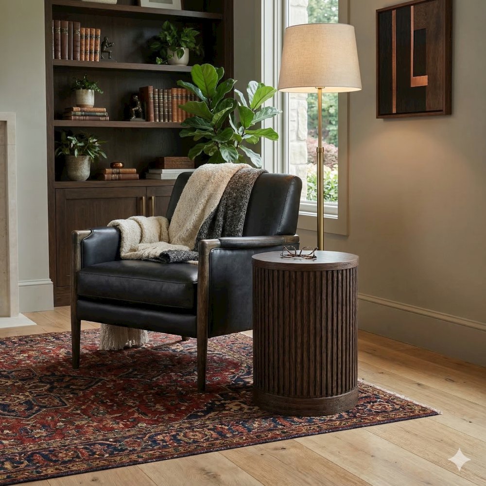 Modern round pedestal table, side table, cocktail stand, fully assembled, brown