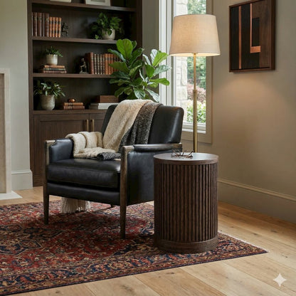 Modern round pedestal table, side table, cocktail stand, fully assembled, brown