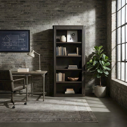 Tall Wood Open Bookcase with Industrial-Style Display Shelves, Brown