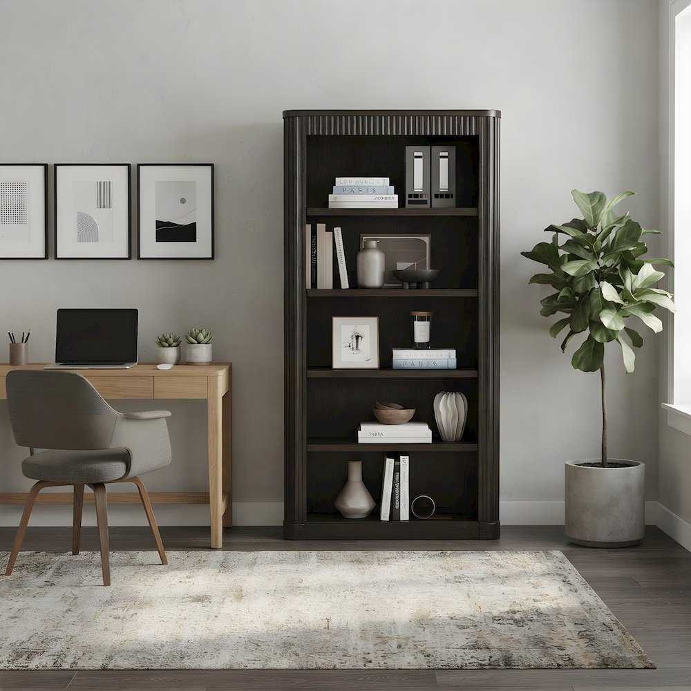 Tall Wood Open Bookcase with Industrial-Style Display Shelves, Brown