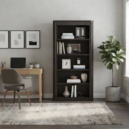 Tall Wood Open Bookcase with Industrial-Style Display Shelves, Brown