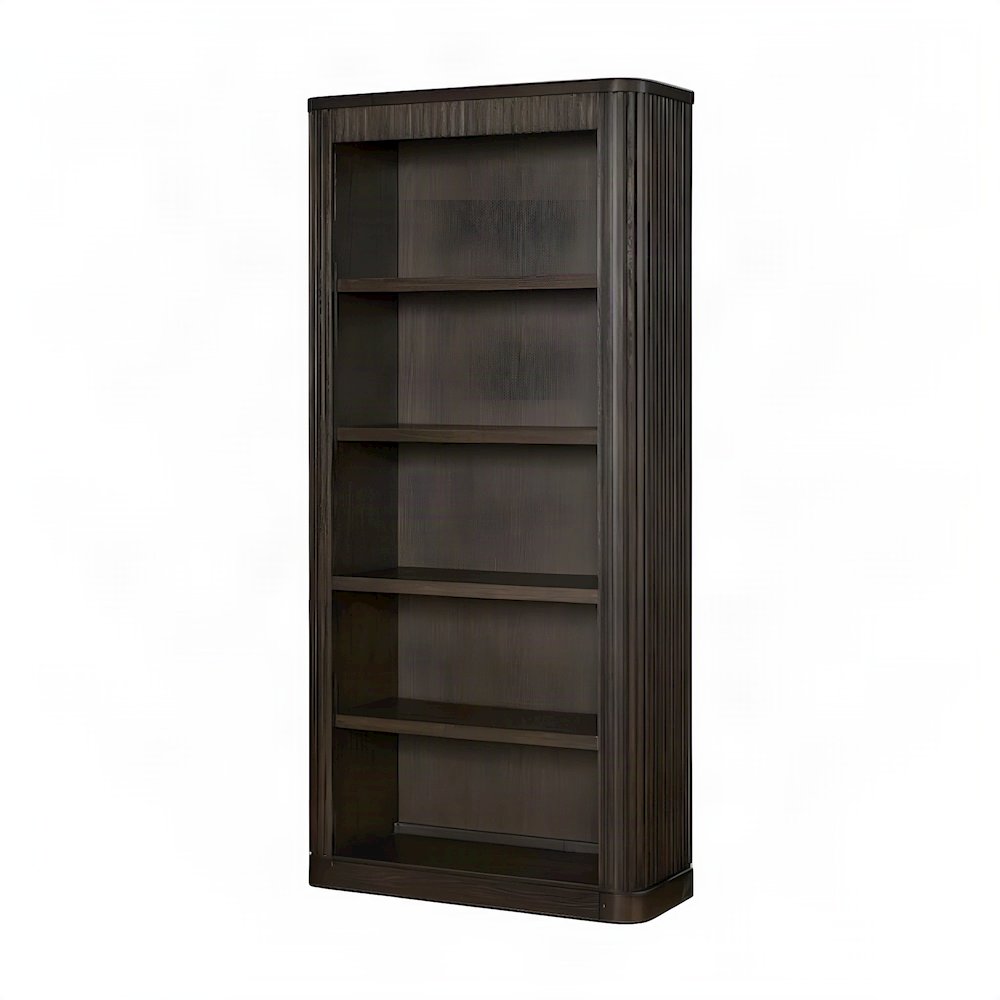 Tall Wood Open Bookcase with Industrial-Style Display Shelves, Brown