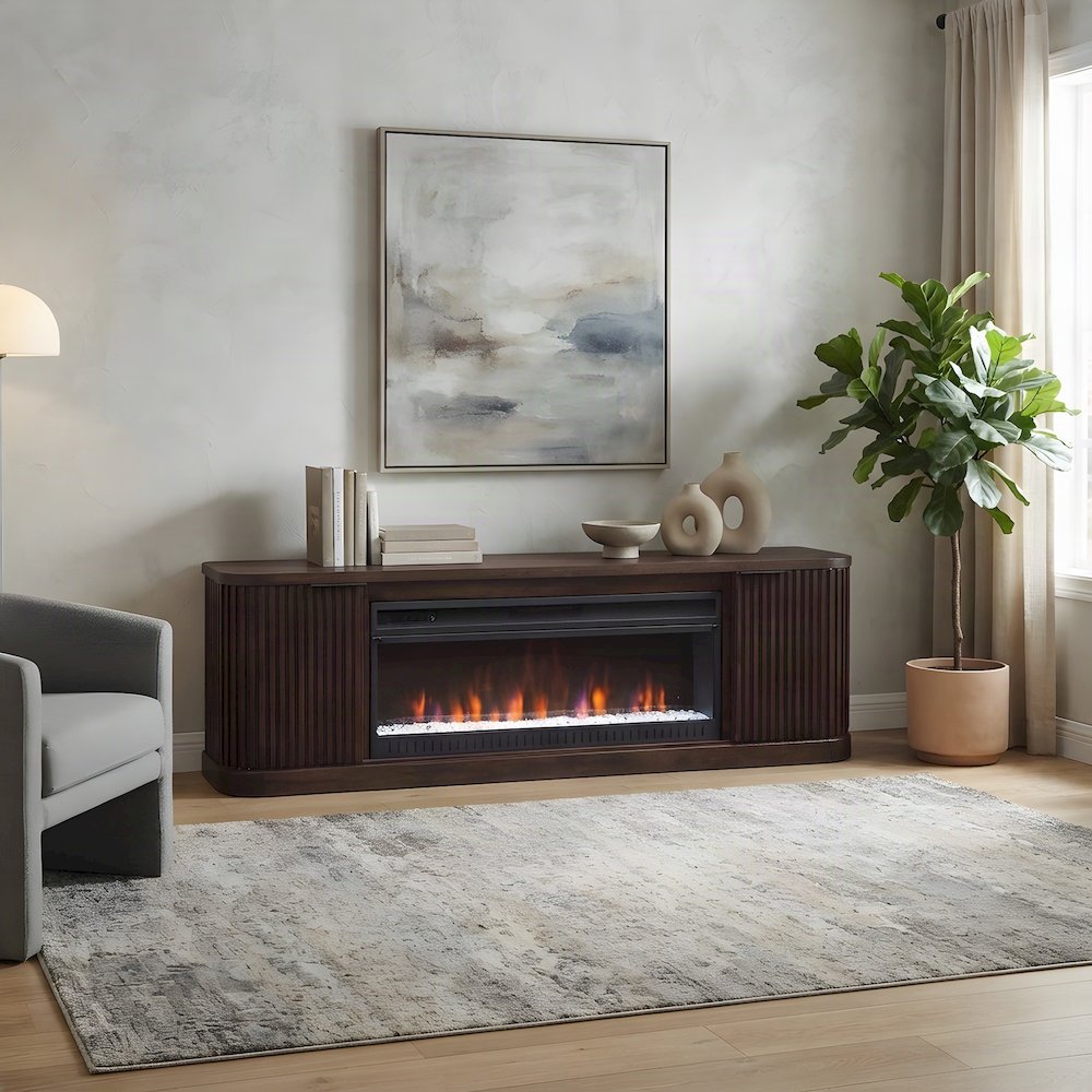 Wooden Fireplace TV Console with Media Storage, Fully Assembled, Brown, 76 Inch